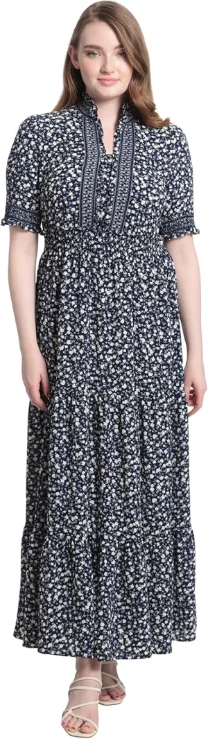 London Times Women's Petite Smocked Puff SLV Ruffle Nk Tiered Midi Dress