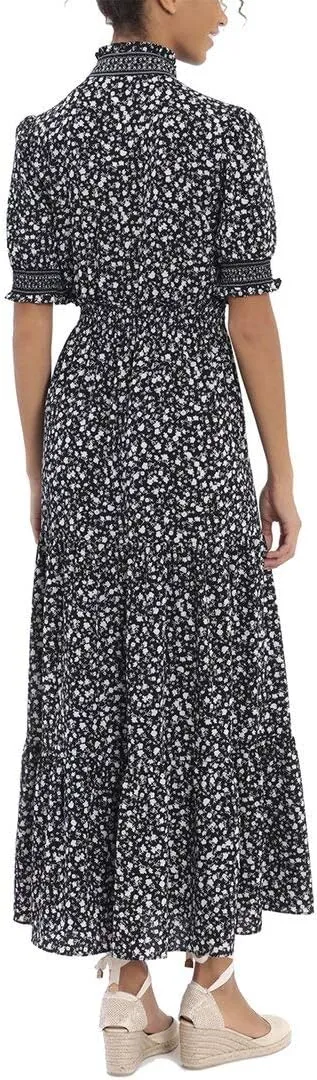London Times Women's Petite Smocked Puff SLV Ruffle Nk Tiered Midi Dress