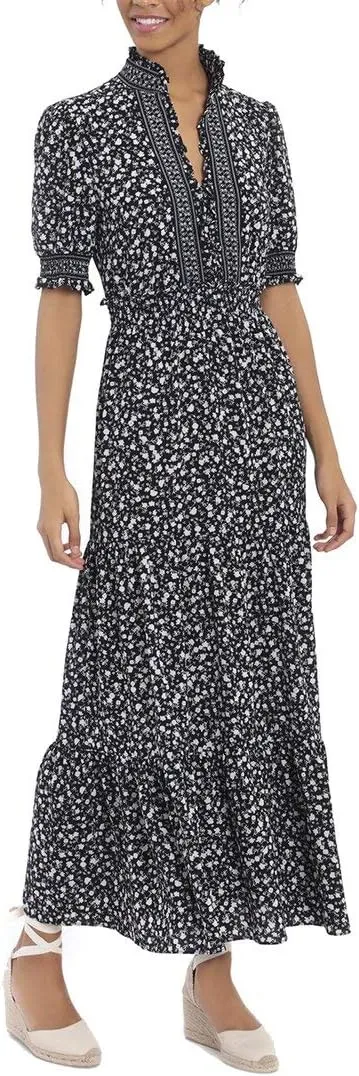 London Times Women's Petite Smocked Puff SLV Ruffle Nk Tiered Midi Dress