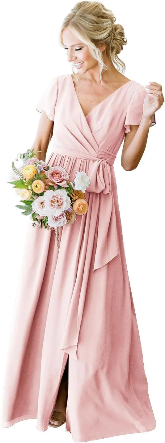 Long Blush Pink Bridesmaid Dress Plus Size Formal Wedding Guest Dresses for Women V-Neck Chiffon Evening Gowns 20W