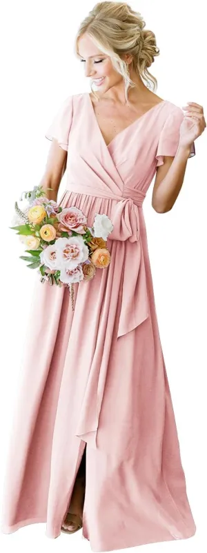 Long Blush Pink Bridesmaid Dress Plus Size Formal Wedding Guest Dresses for Women V-Neck Chiffon Evening Gowns 20W