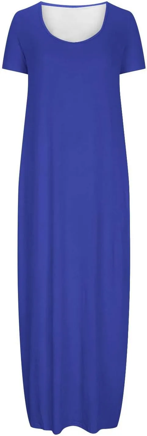 Long Dresses for Women Summer 2025 Round Neck Casual Loose Beach Dress with Pockets Plus Size Solid Color Maxi Dress