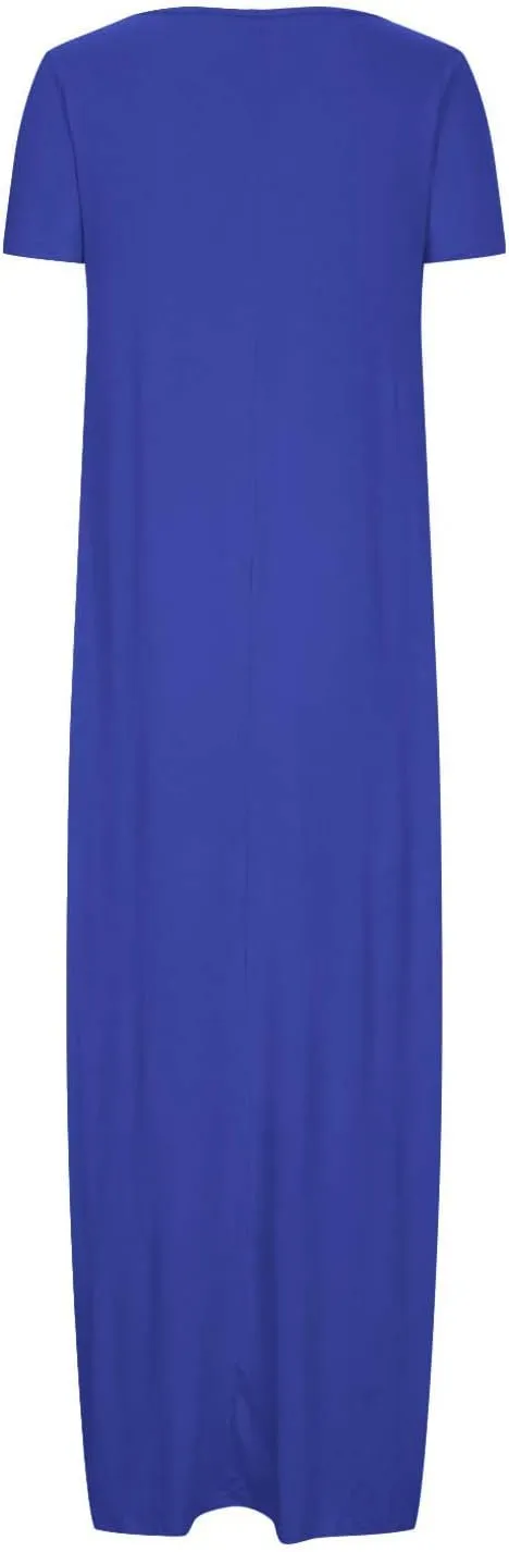 Long Dresses for Women Summer 2025 Round Neck Casual Loose Beach Dress with Pockets Plus Size Solid Color Maxi Dress