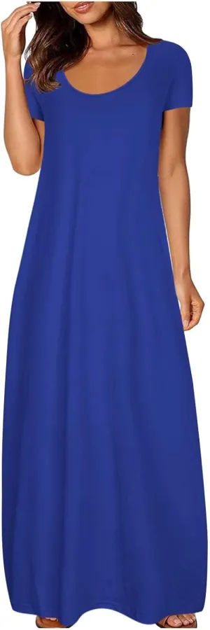 Long Dresses for Women Summer 2025 Round Neck Casual Loose Beach Dress with Pockets Plus Size Solid Color Maxi Dress