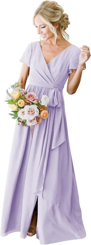 Long Lilac Bridesmaid Dress Plus Size Formal Wedding Guest Dresses for Women V-Neck Chiffon Evening Gowns 20W