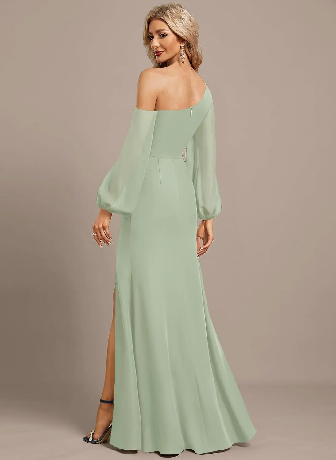 Long Sleeve Chiffon Bridesmaid Dresses with Slit A Line Pleated Wedding Guest Dresses for Women MA42