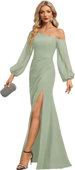Long Sleeve Chiffon Bridesmaid Dresses with Slit A Line Pleated Wedding Guest Dresses for Women MA42