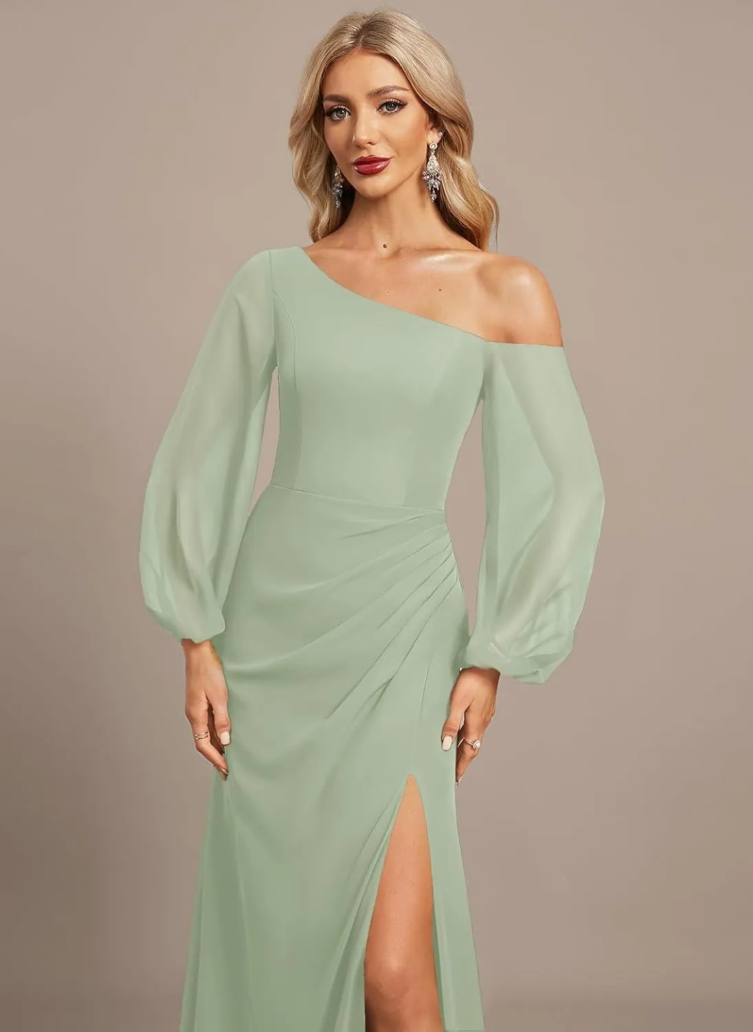 Long Sleeve Chiffon Bridesmaid Dresses with Slit A Line Pleated Wedding Guest Dresses for Women MA42