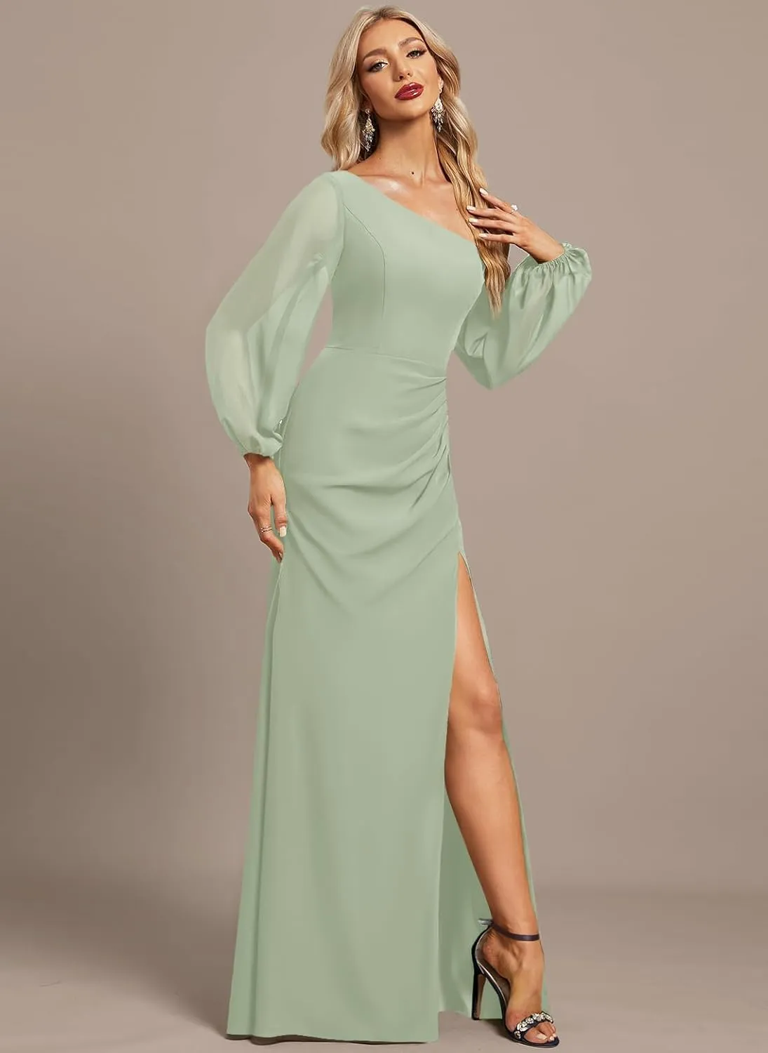 Long Sleeve Chiffon Bridesmaid Dresses with Slit A Line Pleated Wedding Guest Dresses for Women MA42