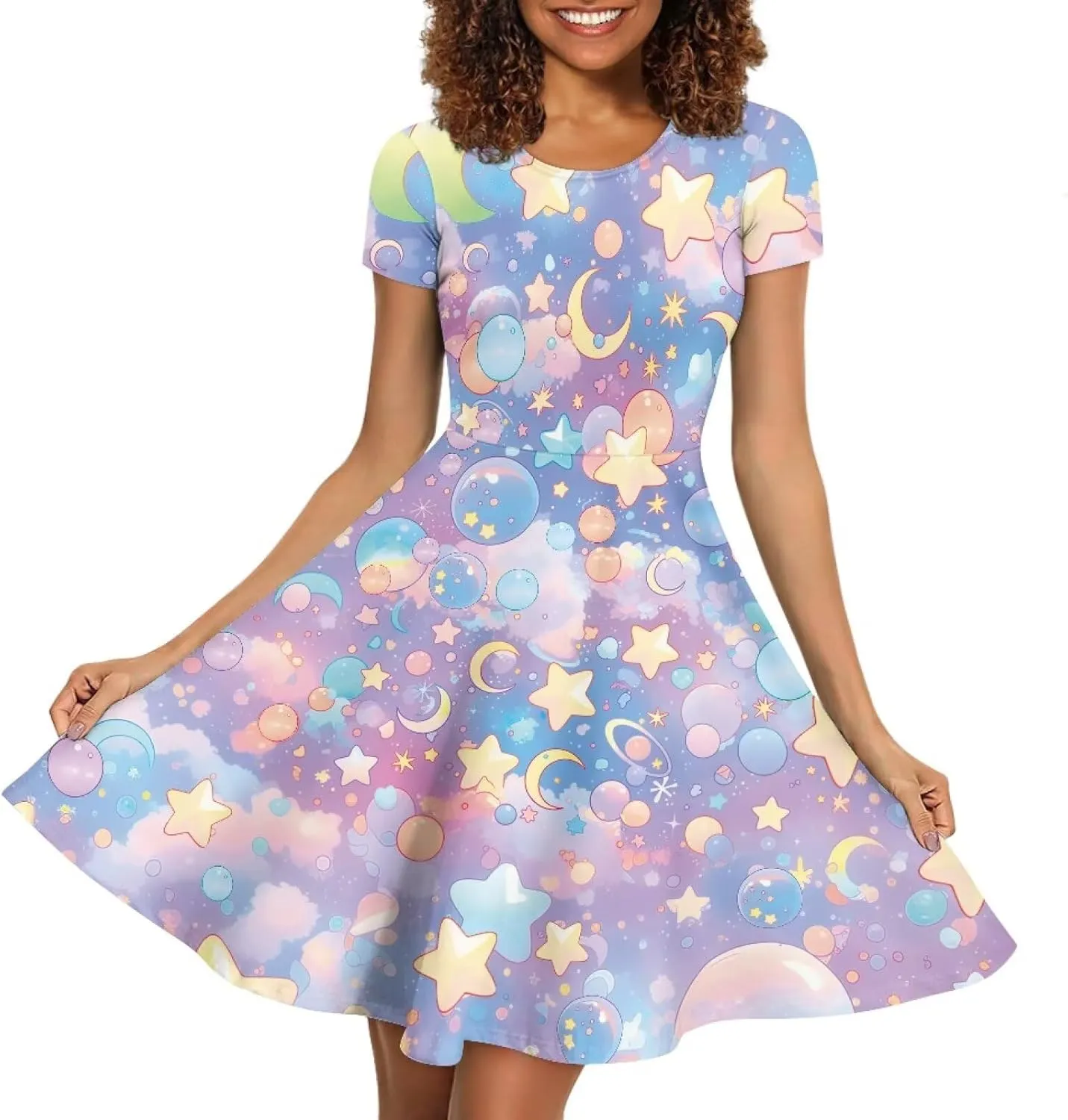 Loose Fit Casual Dresses for Women Graphic Print Short Sleeve Crew Neck A-Line Dress