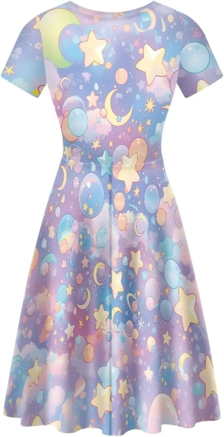 Loose Fit Casual Dresses for Women Graphic Print Short Sleeve Crew Neck A-Line Dress