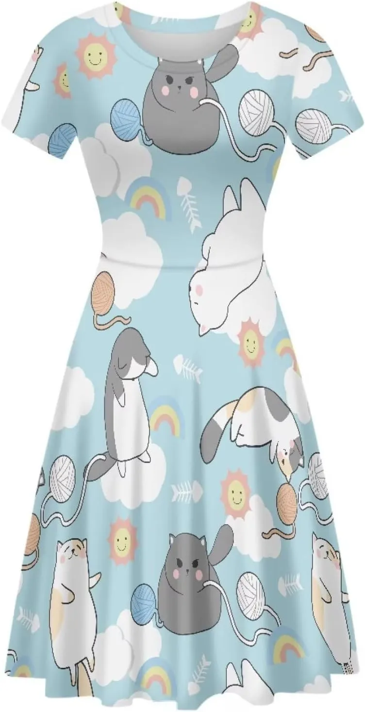 Loose Fit Casual Dresses for Women Graphic Print Short Sleeve Crew Neck A-Line Dress