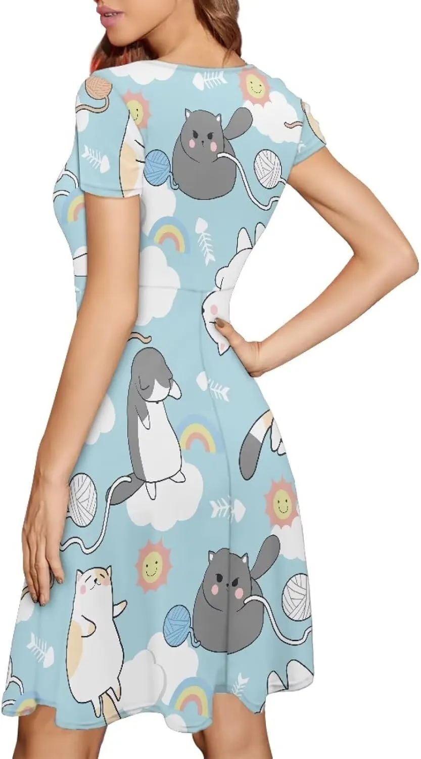 Loose Fit Casual Dresses for Women Graphic Print Short Sleeve Crew Neck A-Line Dress