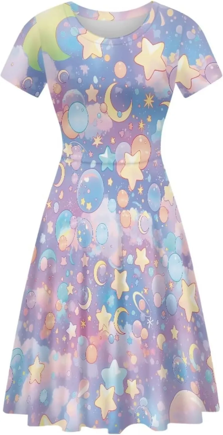 Loose Fit Casual Dresses for Women Graphic Print Short Sleeve Crew Neck A-Line Dress