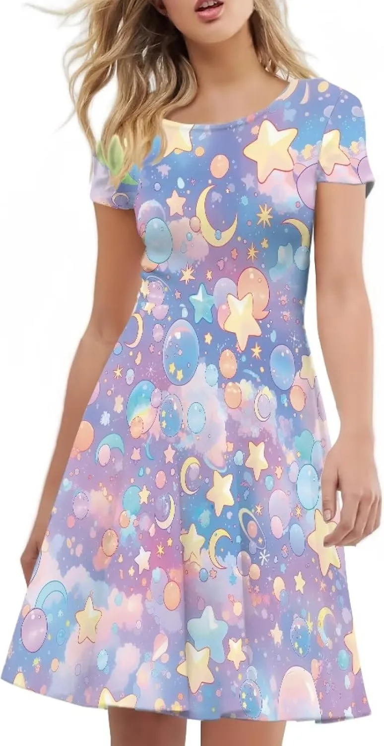 Loose Fit Casual Dresses for Women Graphic Print Short Sleeve Crew Neck A-Line Dress