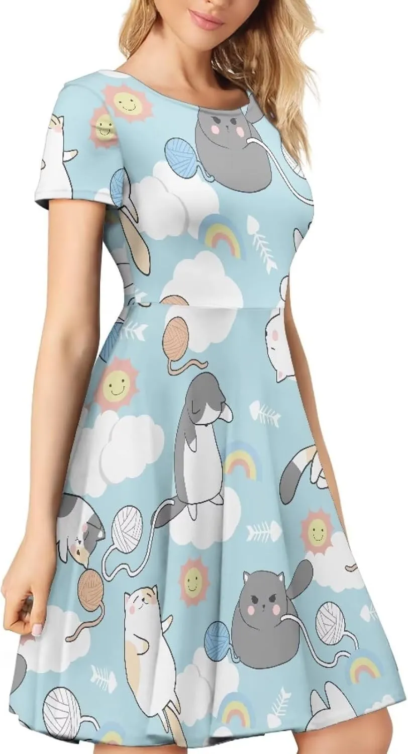 Loose Fit Casual Dresses for Women Graphic Print Short Sleeve Crew Neck A-Line Dress