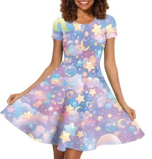Loose Fit Casual Dresses for Women Graphic Print Short Sleeve Crew Neck A-Line Dress