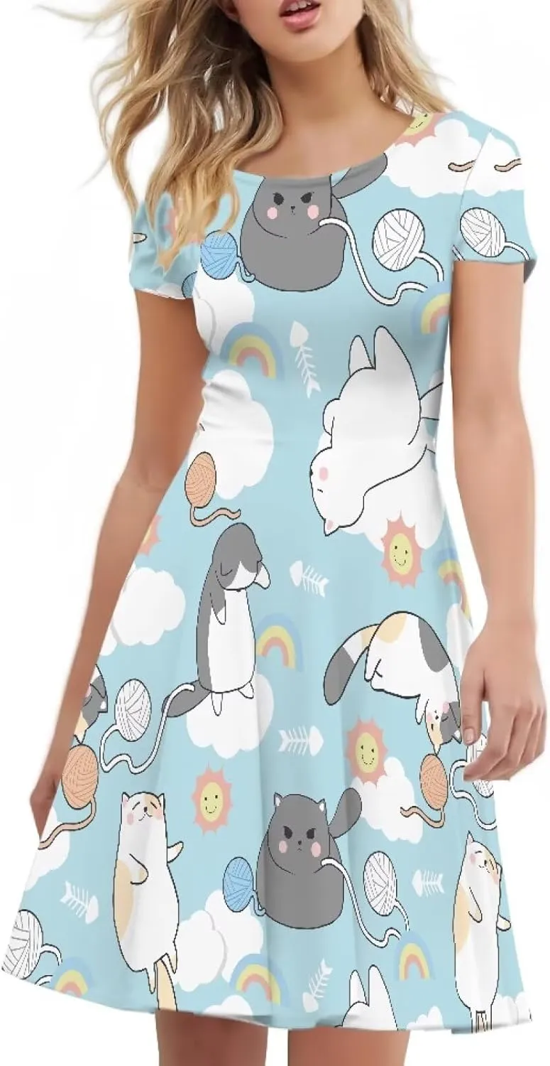 Loose Fit Casual Dresses for Women Graphic Print Short Sleeve Crew Neck A-Line Dress