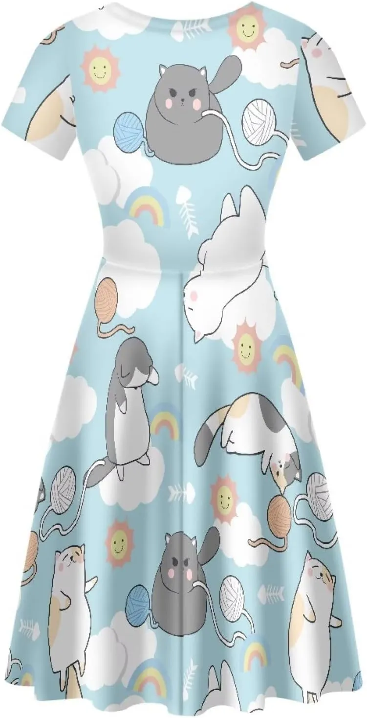 Loose Fit Casual Dresses for Women Graphic Print Short Sleeve Crew Neck A-Line Dress