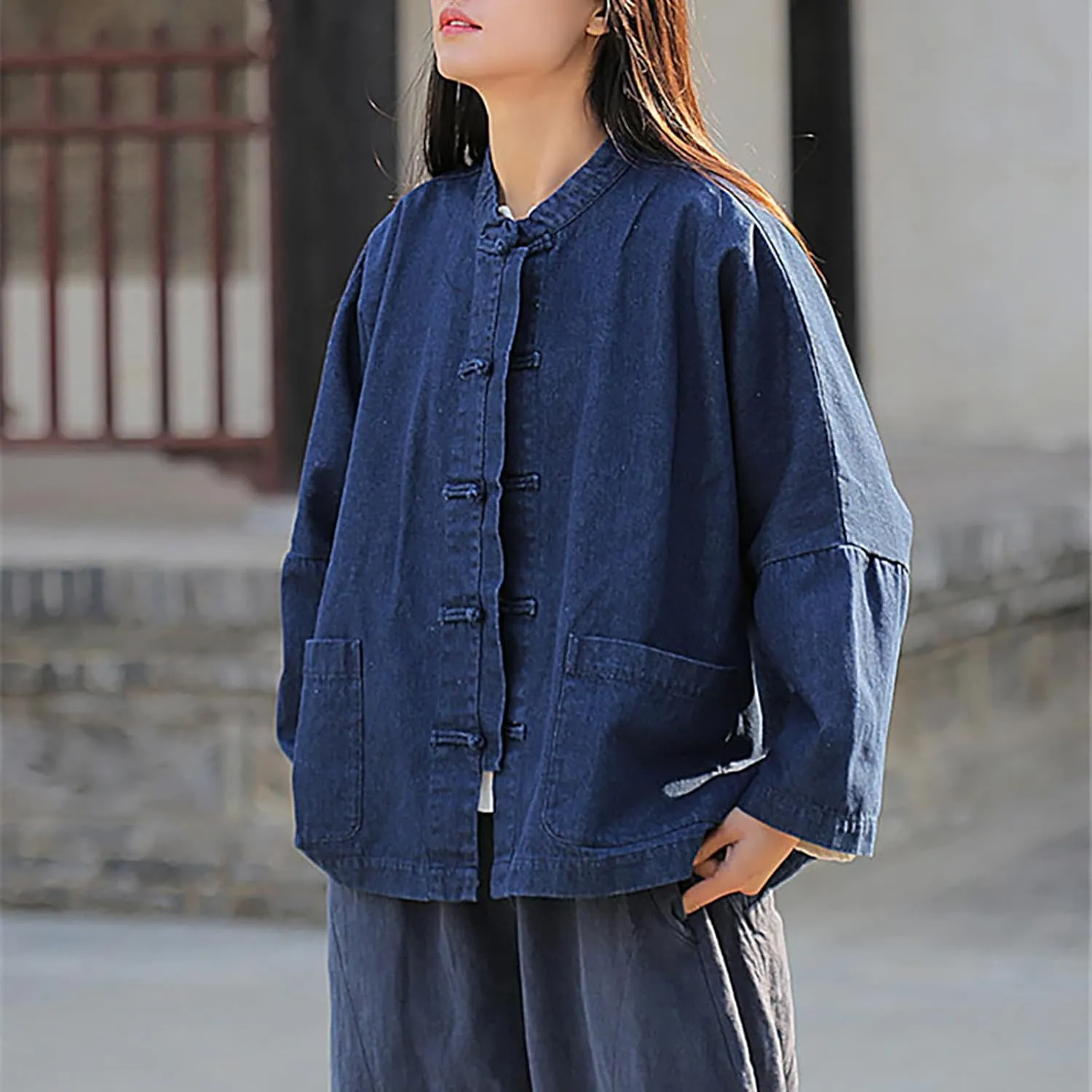 LUZU JUNU Women's Oversized Denim Jacket Casual Long Sleeve Classic Frog Buttons Loose Jean Jacket Coat