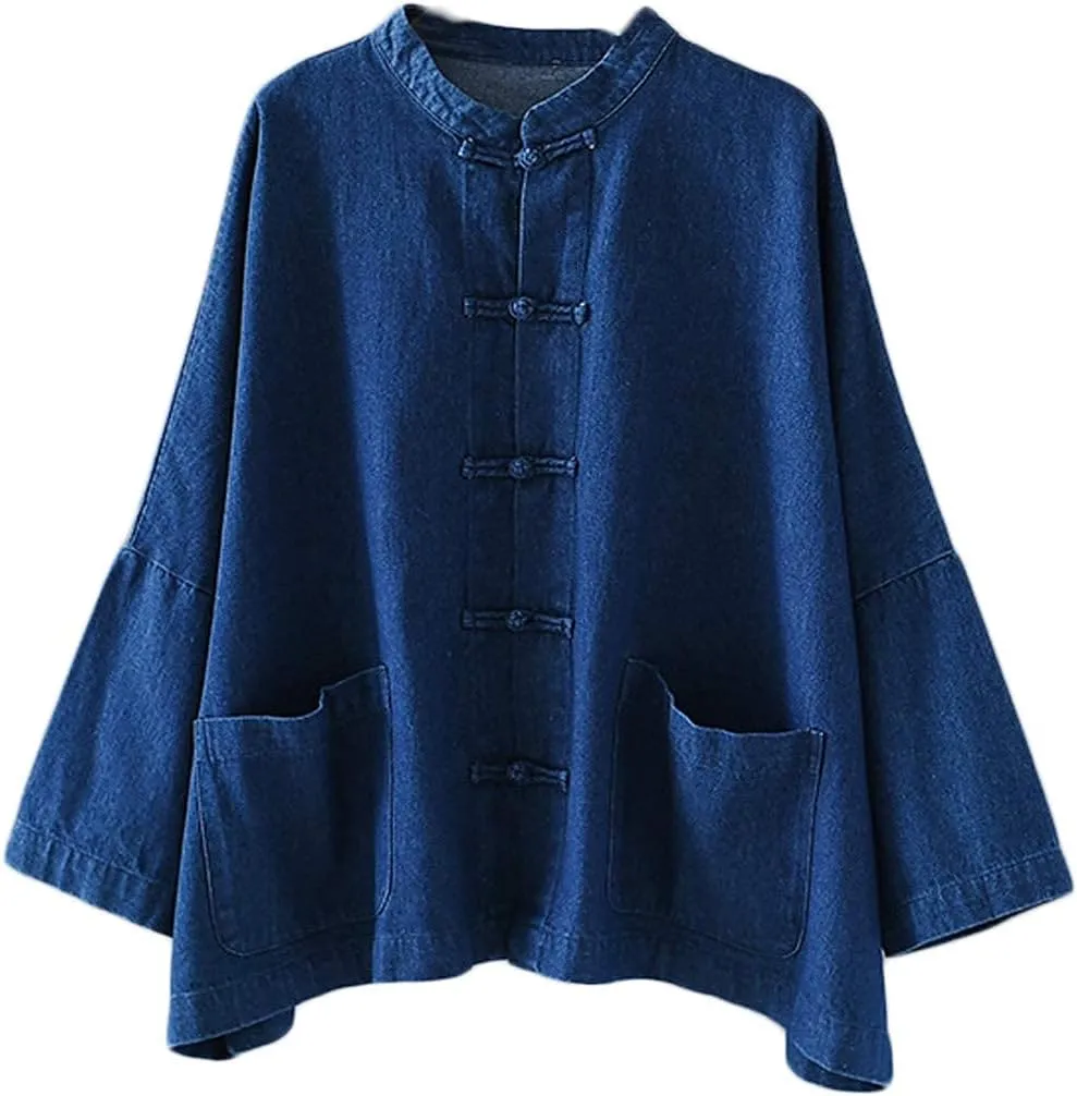 LUZU JUNU Women's Oversized Denim Jacket Casual Long Sleeve Classic Frog Buttons Loose Jean Jacket Coat