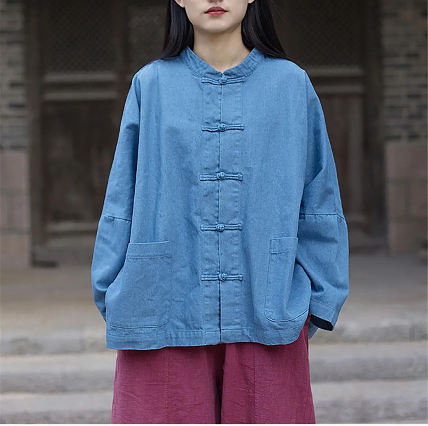 LUZU JUNU Women's Oversized Denim Jacket Casual Long Sleeve Classic Frog Buttons Loose Jean Jacket Coat