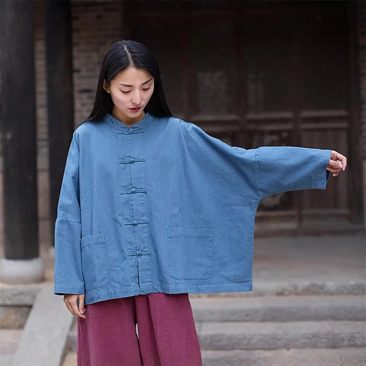 LUZU JUNU Women's Oversized Denim Jacket Casual Long Sleeve Classic Frog Buttons Loose Jean Jacket Coat