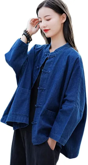 LUZU JUNU Women's Oversized Denim Jacket Casual Long Sleeve Classic Frog Buttons Loose Jean Jacket Coat