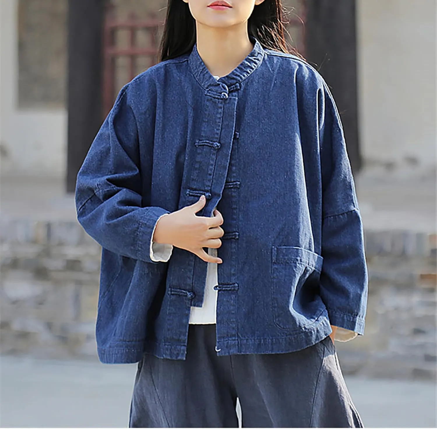 LUZU JUNU Women's Oversized Denim Jacket Casual Long Sleeve Classic Frog Buttons Loose Jean Jacket Coat