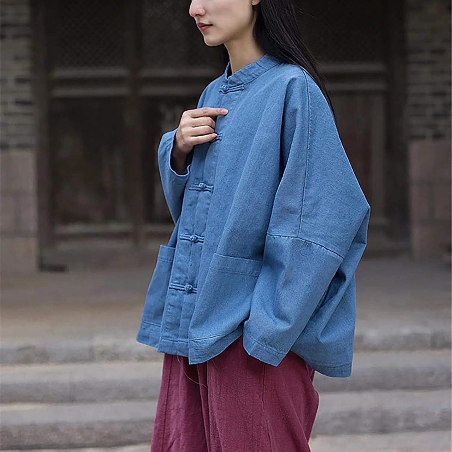 LUZU JUNU Women's Oversized Denim Jacket Casual Long Sleeve Classic Frog Buttons Loose Jean Jacket Coat
