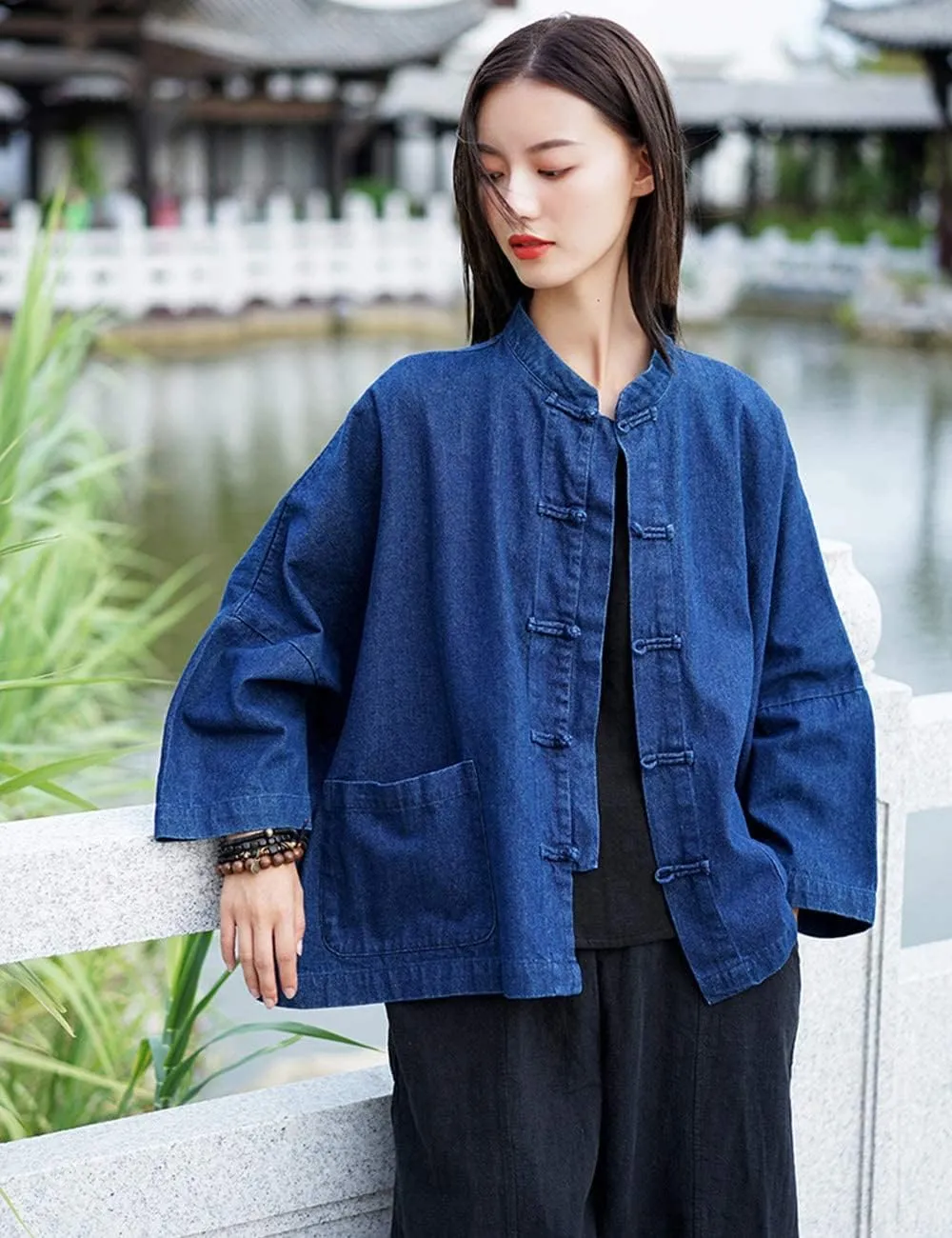 LUZU JUNU Women's Oversized Denim Jacket Casual Long Sleeve Classic Frog Buttons Loose Jean Jacket Coat