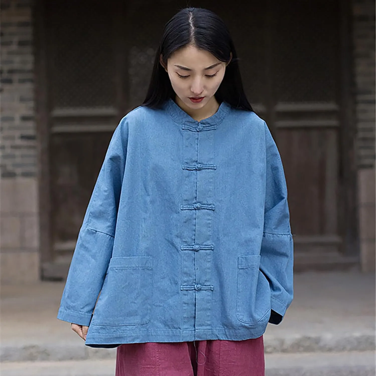 LUZU JUNU Women's Oversized Denim Jacket Casual Long Sleeve Classic Frog Buttons Loose Jean Jacket Coat