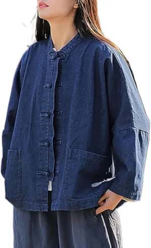 LUZU JUNU Women's Oversized Denim Jacket Casual Long Sleeve Classic Frog Buttons Loose Jean Jacket Coat