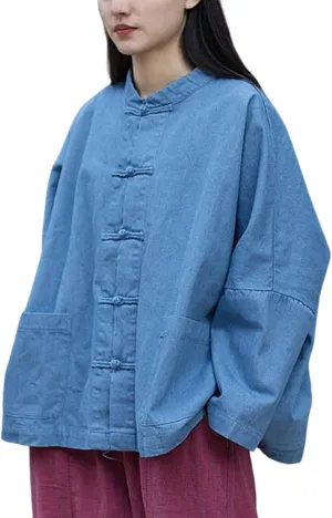 LUZU JUNU Women's Oversized Denim Jacket Casual Long Sleeve Classic Frog Buttons Loose Jean Jacket Coat