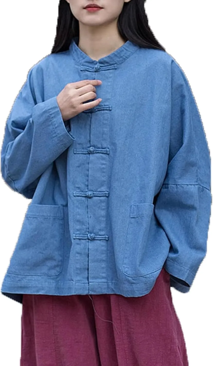 LUZU JUNU Women's Oversized Denim Jacket Casual Long Sleeve Classic Frog Buttons Loose Jean Jacket Coat