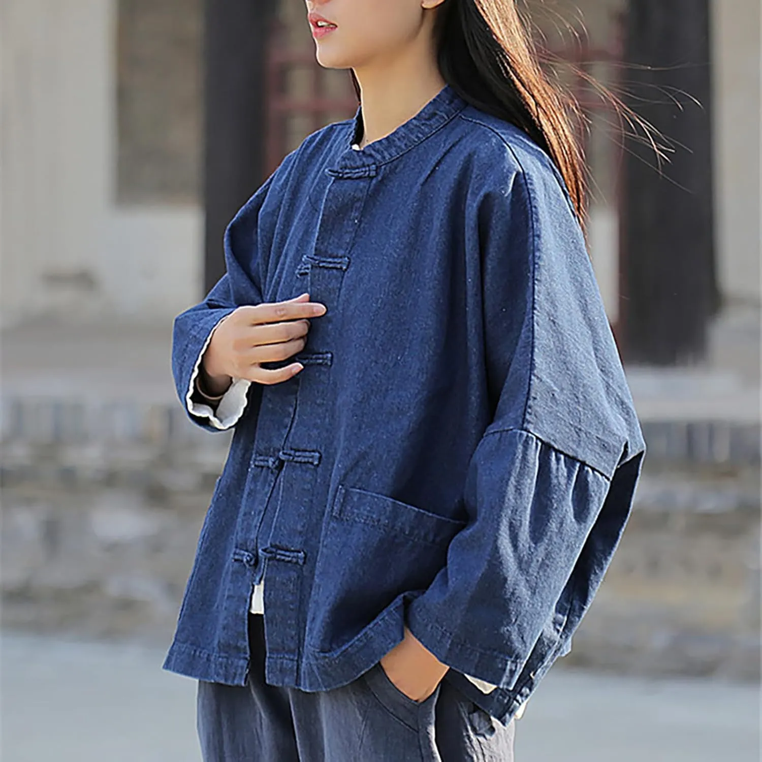 LUZU JUNU Women's Oversized Denim Jacket Casual Long Sleeve Classic Frog Buttons Loose Jean Jacket Coat