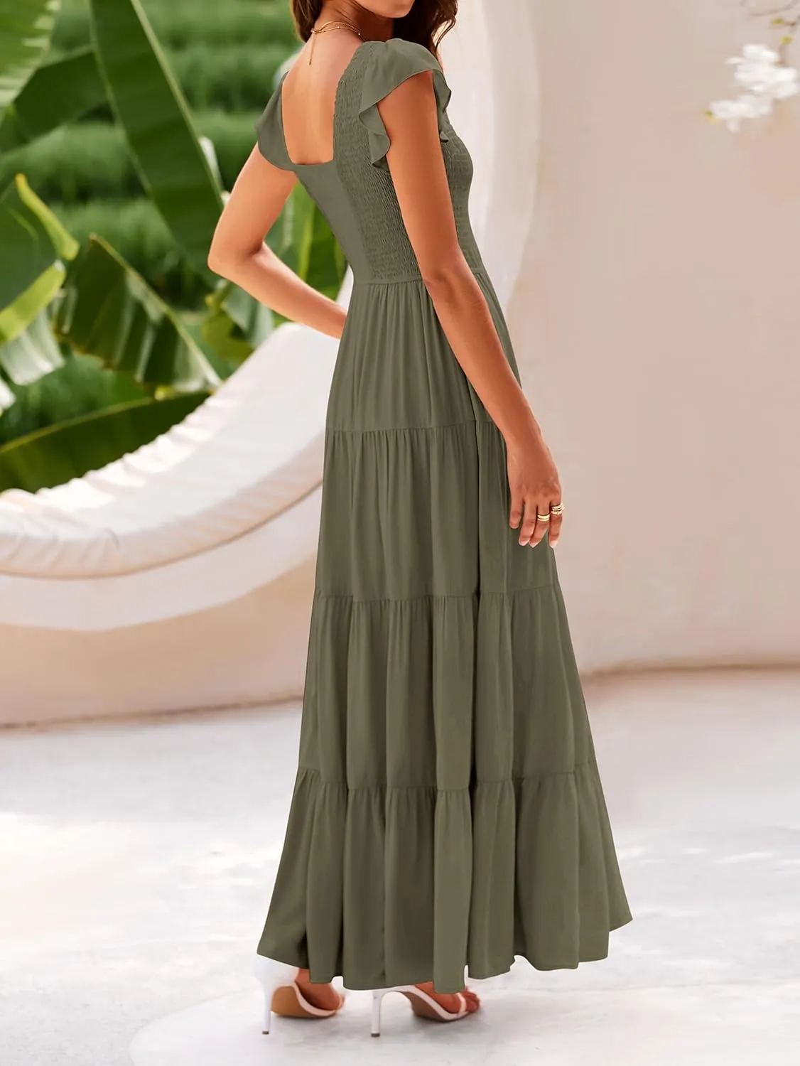 MASCOMODA Women Summer Floral Maxi Dresses 2025 Smocked V Neck Cap Short Sleeve Ruffle Boho Beach Wedding Flowy Long Sundress