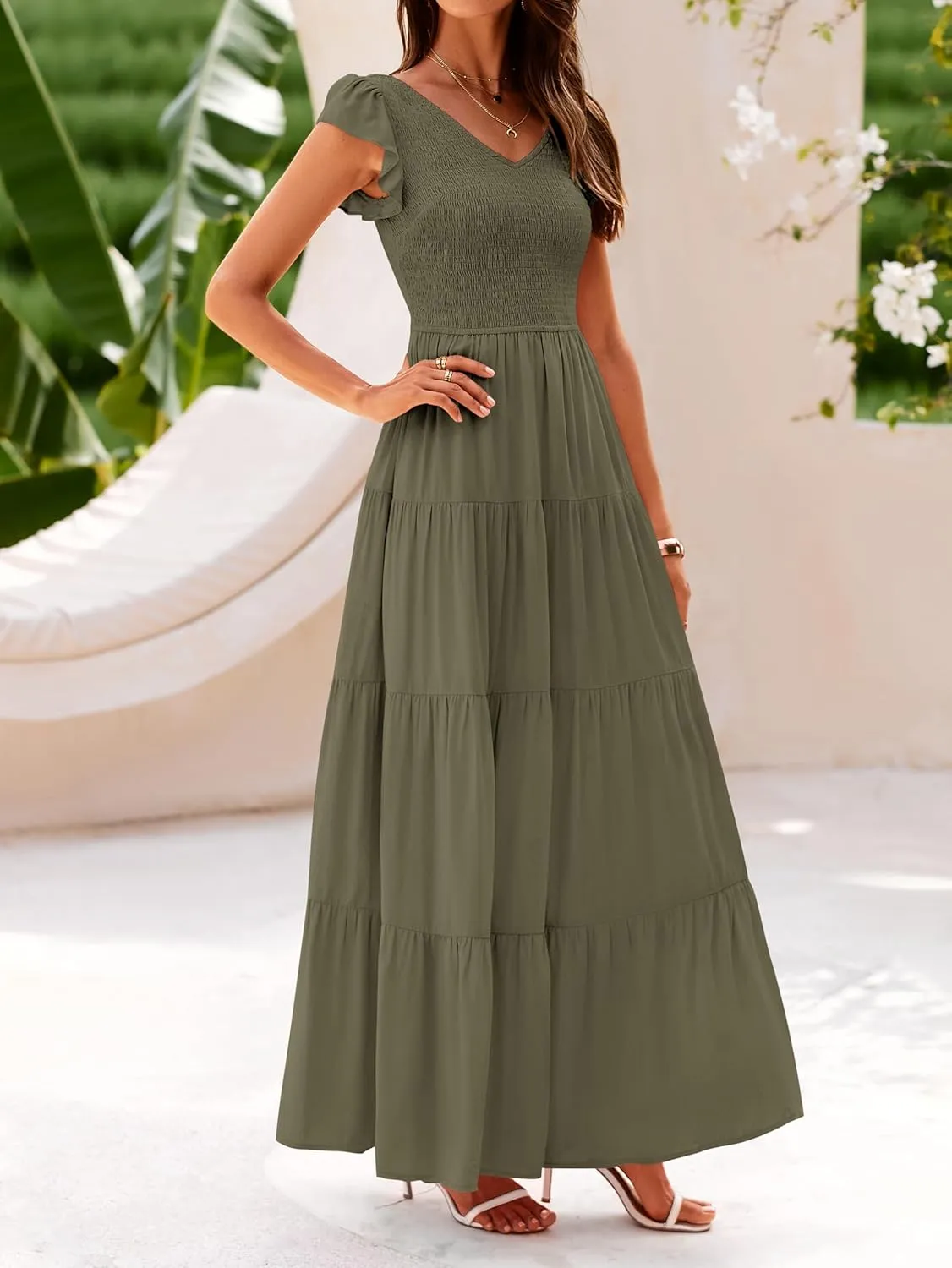 MASCOMODA Women Summer Floral Maxi Dresses 2025 Smocked V Neck Cap Short Sleeve Ruffle Boho Beach Wedding Flowy Long Sundress