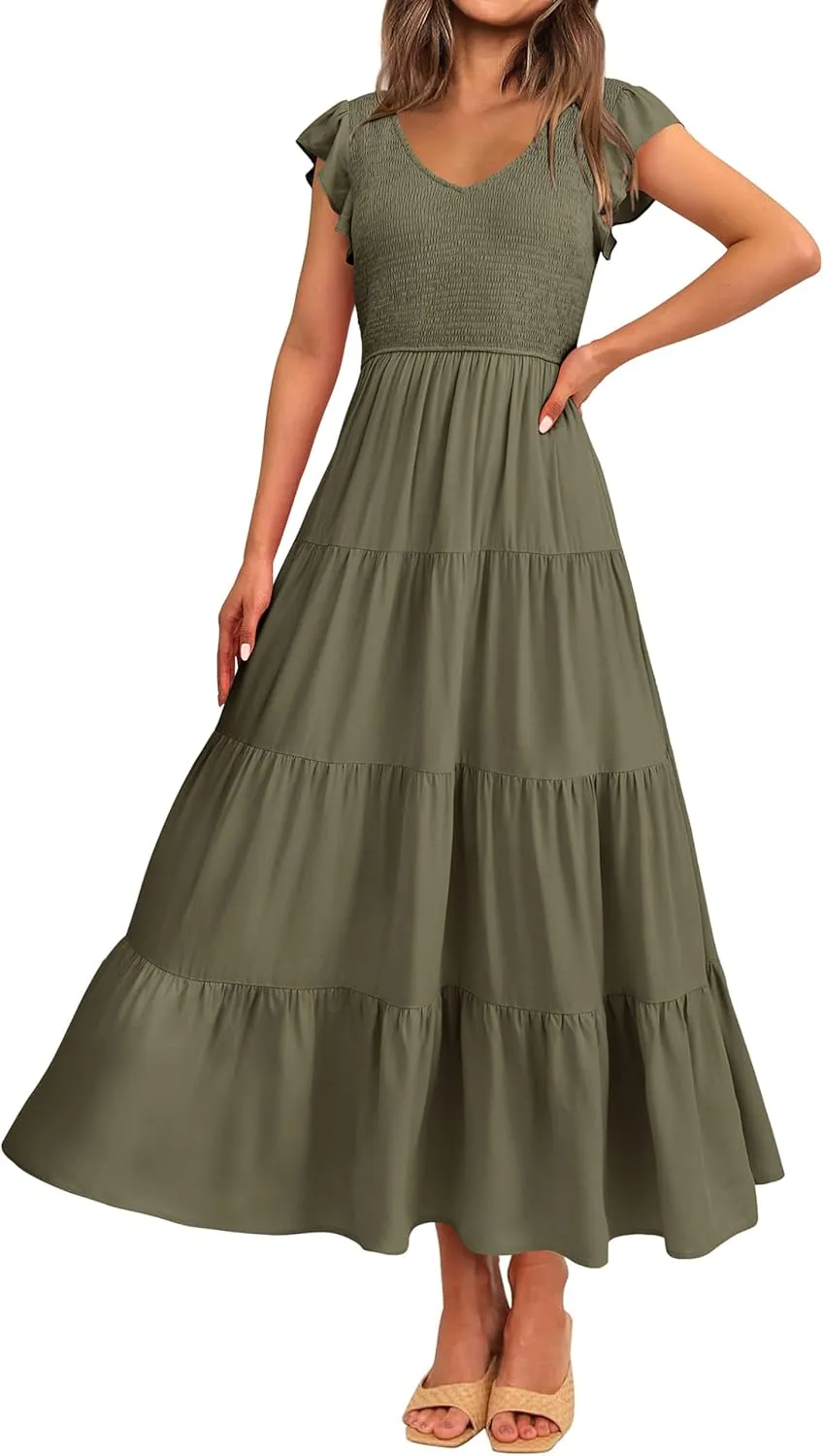 MASCOMODA Women Summer Floral Maxi Dresses 2025 Smocked V Neck Cap Short Sleeve Ruffle Boho Beach Wedding Flowy Long Sundress