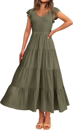 MASCOMODA Women Summer Floral Maxi Dresses 2025 Smocked V Neck Cap Short Sleeve Ruffle Boho Beach Wedding Flowy Long Sundress