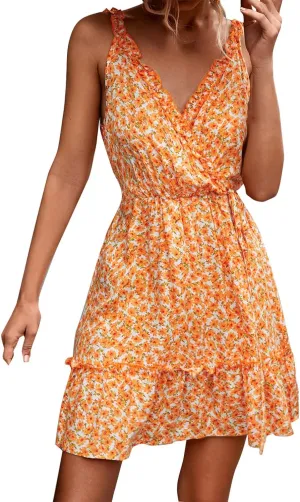 Maxi Sundresses for Women Women's Dresses Summer Floral Printed Ruffle Hem Sleeveless V Neck Beach Mini (Orange, S)