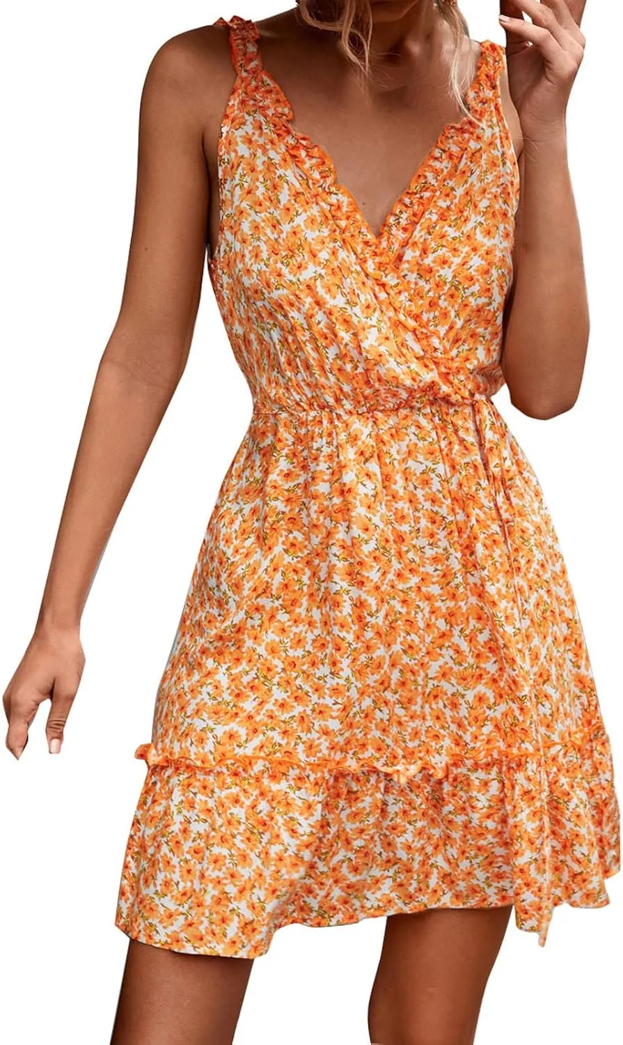 Maxi Sundresses for Women Women's Dresses Summer Floral Printed Ruffle Hem Sleeveless V Neck Beach Mini (Orange, S)