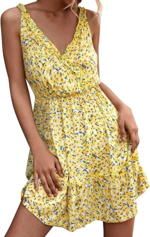 Maxi Sundresses for Women Women's Dresses Summer Floral Printed Ruffle Hem Sleeveless V Neck Beach Mini (Yellow, XL)