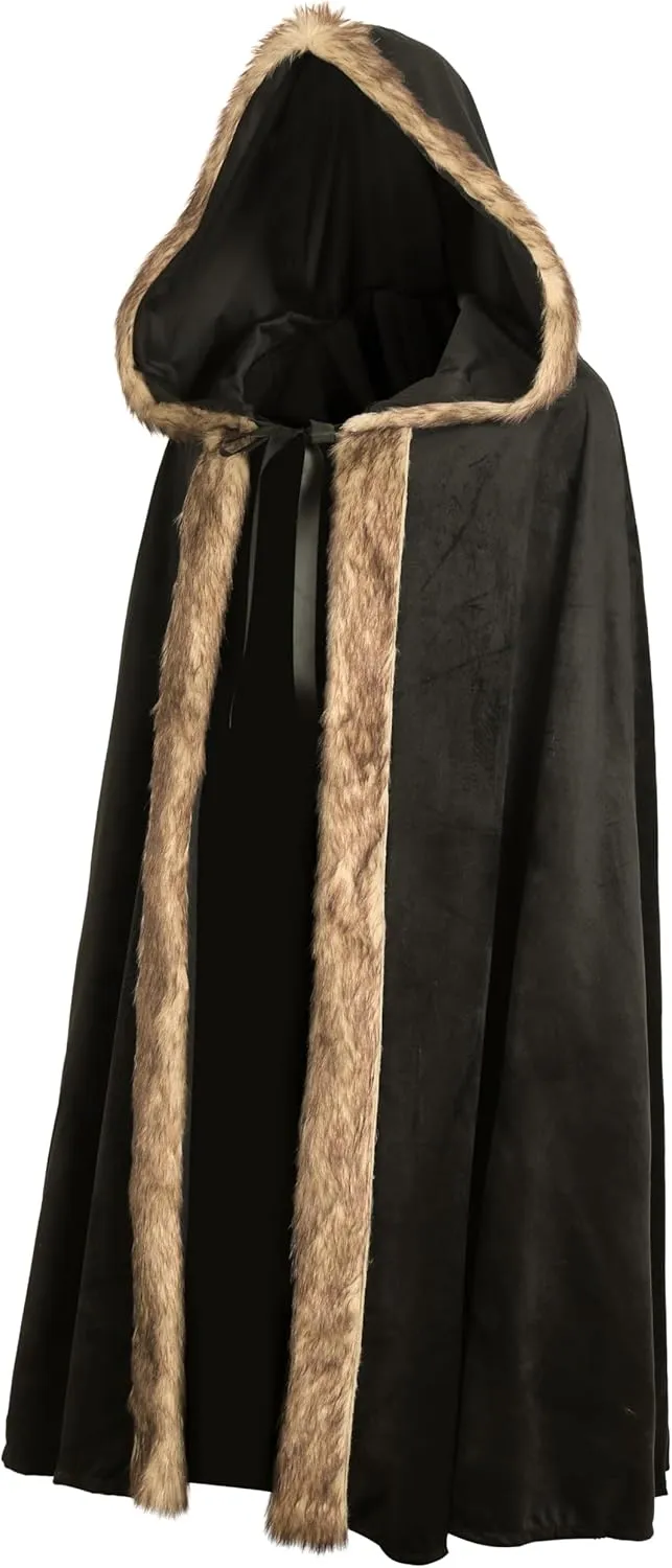 MCJC Medieval Hooded Cloak with Faux Fur Trim, Black Velvet Cape, Halloween Costume, Renaissance Robe