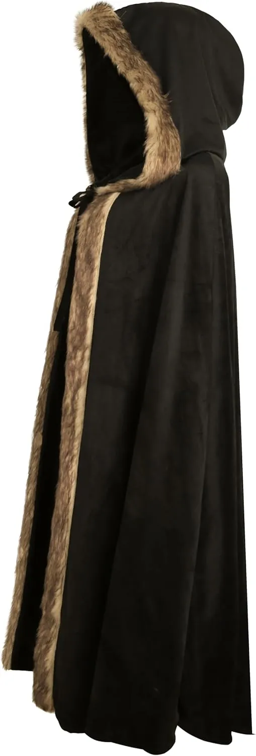 MCJC Medieval Hooded Cloak with Faux Fur Trim, Black Velvet Cape, Halloween Costume, Renaissance Robe