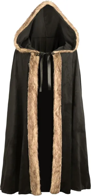 MCJC Medieval Hooded Cloak with Faux Fur Trim, Black Velvet Cape, Halloween Costume, Renaissance Robe