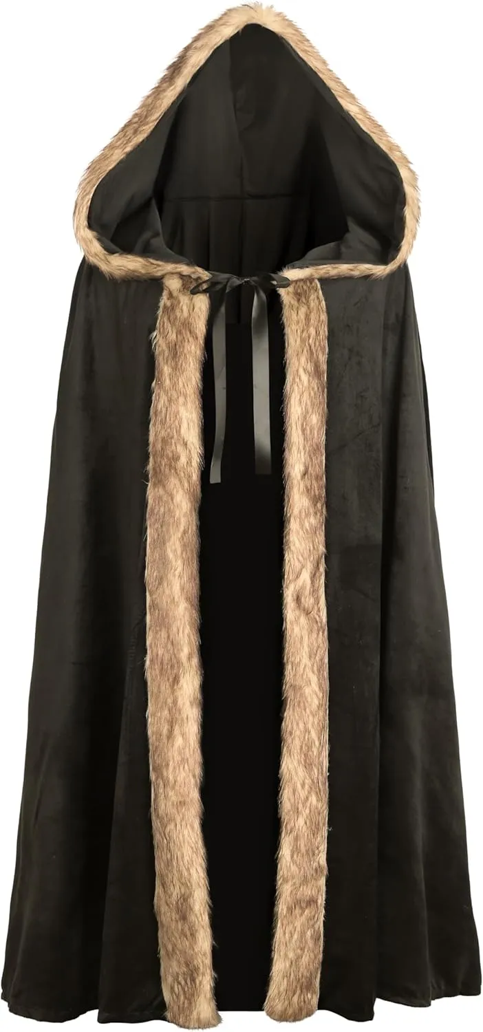 MCJC Medieval Hooded Cloak with Faux Fur Trim, Black Velvet Cape, Halloween Costume, Renaissance Robe
