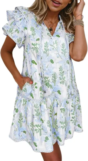 Melliflo Floral Babydoll Dress for Women V Neck Contrast Edge Layered Short Sleeve Flowy Ruffle Mini Dress