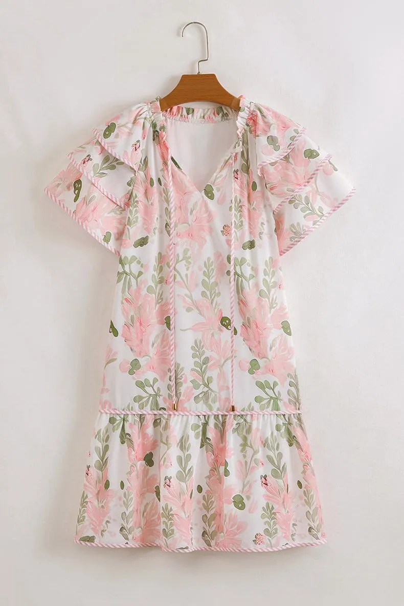 Melliflo Floral Babydoll Dress for Women V Neck Contrast Edge Layered Short Sleeve Flowy Ruffle Mini Dress