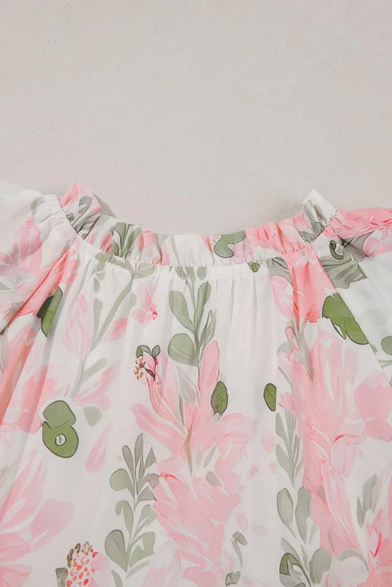 Melliflo Floral Babydoll Dress for Women V Neck Contrast Edge Layered Short Sleeve Flowy Ruffle Mini Dress